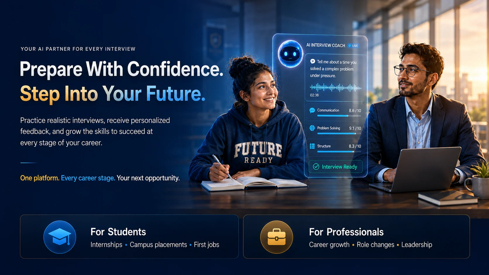 Prepare with confidence. Step into your future. A candidate practising with an AI interview coach that scores communication, problem solving and structure.